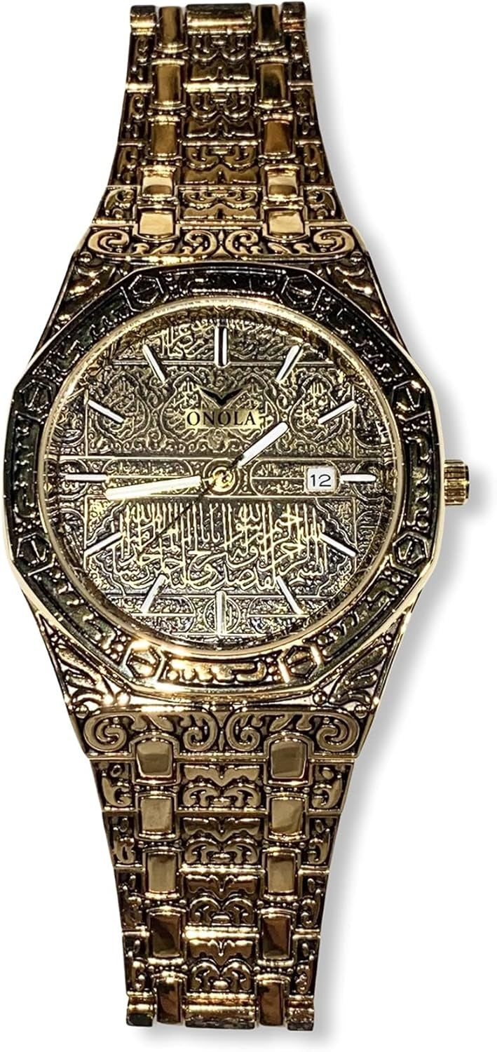 Elite Black & Gold Hexa Dial Men’s Watch Set – Bold Design with Bracelet & Calendar