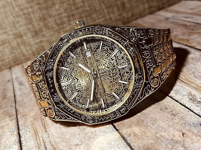 Elite Black & Gold Hexa Dial Men’s Watch Set – Bold Design with Bracelet & Calendar