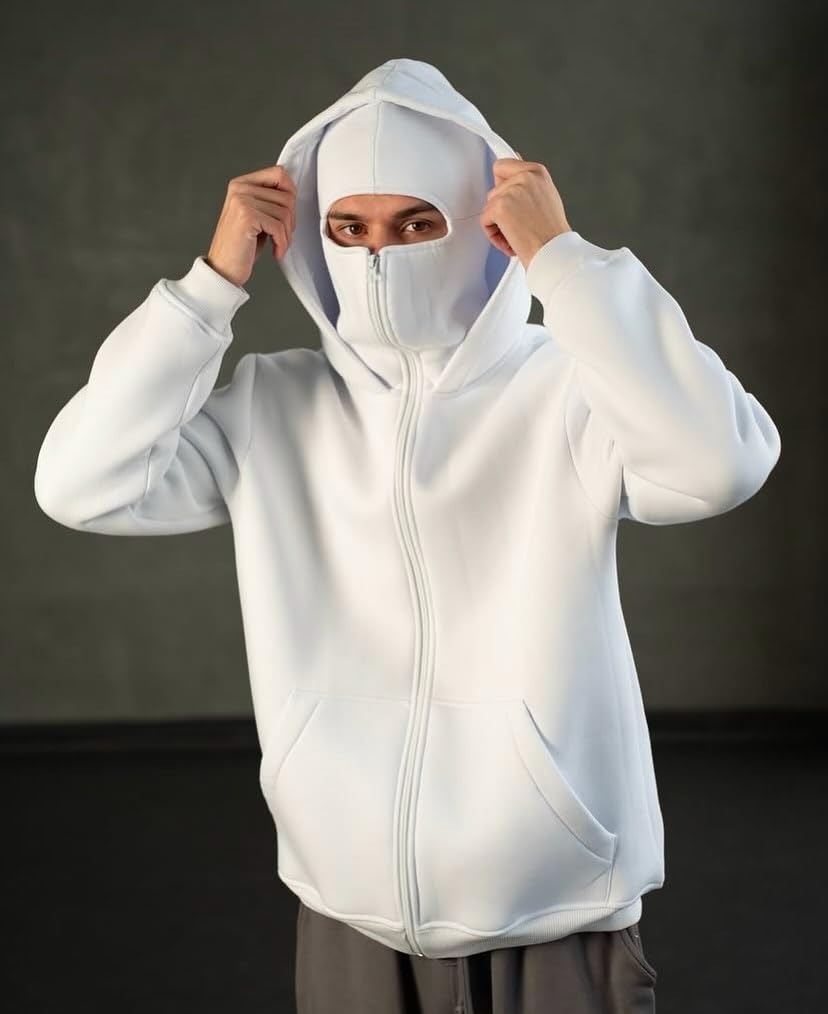 White Balaclava Full Zip-Up Hoodie – Minimal Streetwear Mask Jacket for Men & Women
