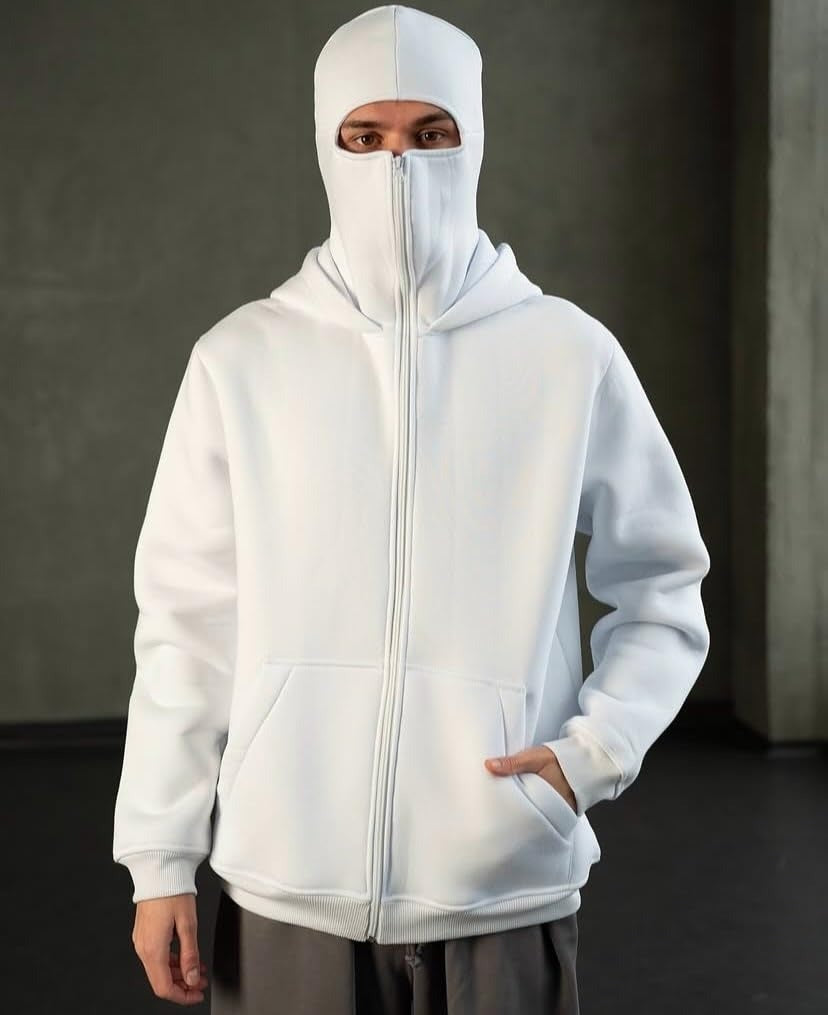 White Balaclava Full Zip-Up Hoodie – Minimal Streetwear Mask Jacket for Men & Women