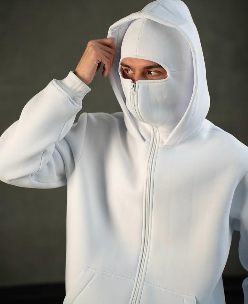 White Balaclava Full Zip-Up Hoodie – Minimal Streetwear Mask Jacket for Men & Women