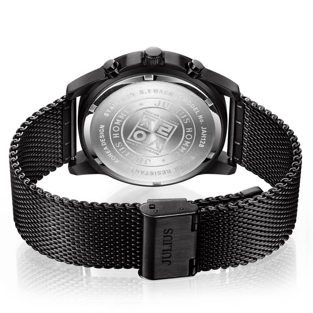 Black Mesh Strap Chronograph Watch – Luxury Blue & Gold Dial for Men