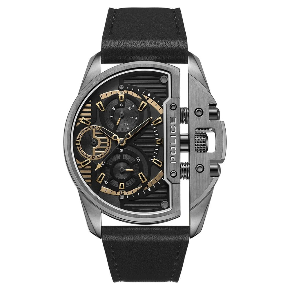 Dual Time Industrial Design Chronograph Watch – Bold Black & Gold Edition