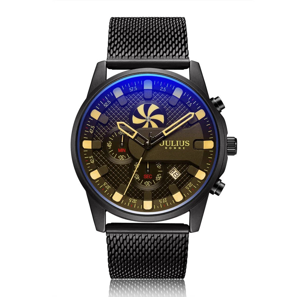 Black Mesh Strap Chronograph Watch – Luxury Blue & Gold Dial for Men