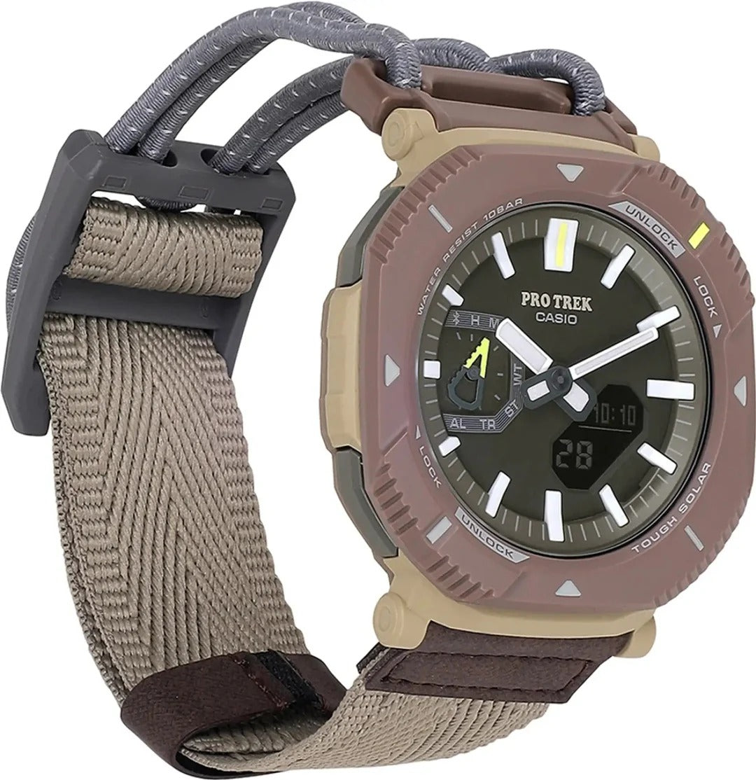 Casio Pro Trek Tough Solar Outdoor Watch Brown Premium Digital Analog Men’s Adventure Watch Water Resistant