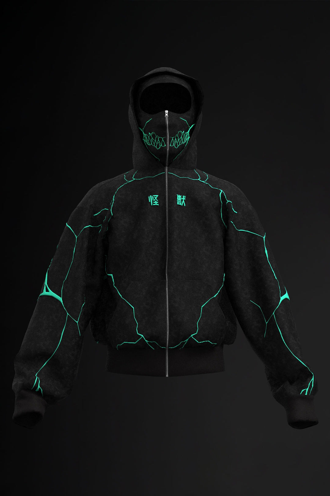 Neon Skull Zipper Balaclava Hoodie – Glow Line Techwear Mask Jacket for Men & Women
