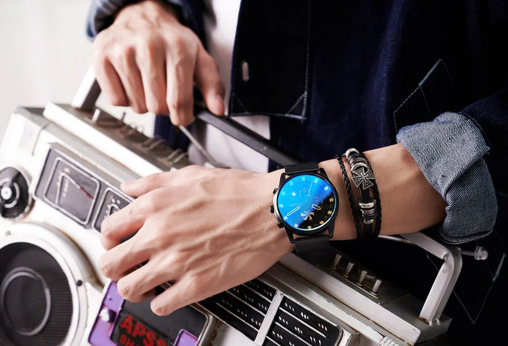 Black Mesh Strap Chronograph Watch – Luxury Blue & Gold Dial for Men