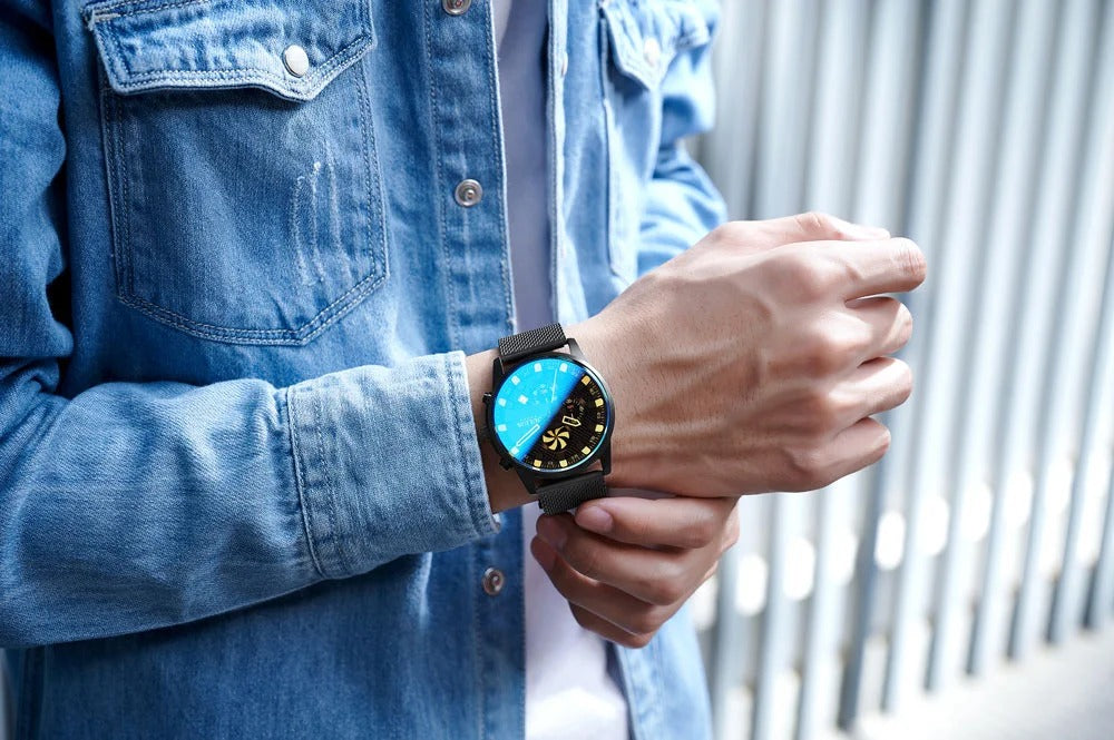 Black Mesh Strap Chronograph Watch – Luxury Blue & Gold Dial for Men