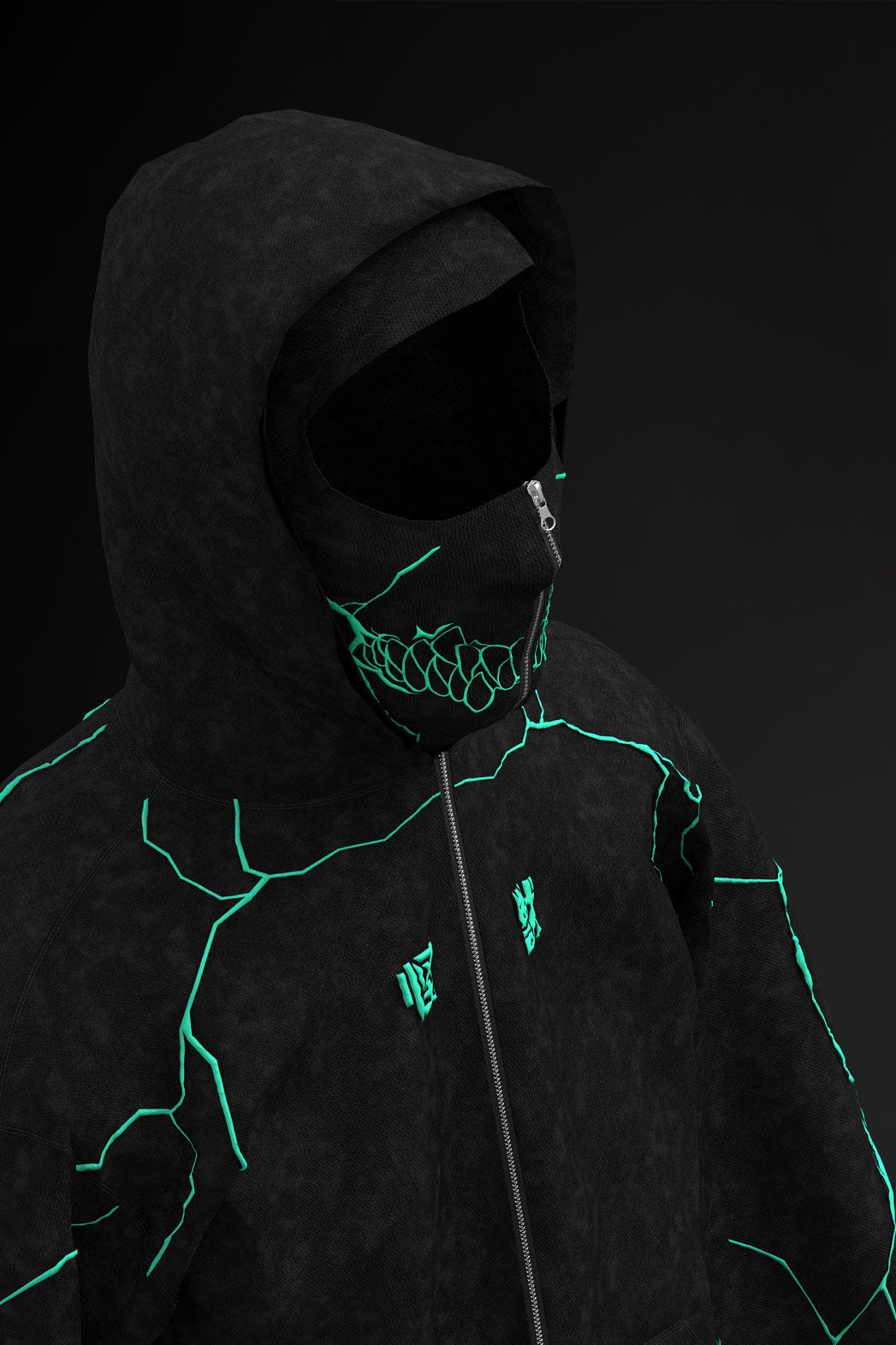 Neon Skull Zipper Balaclava Hoodie – Glow Line Techwear Mask Jacket for Men & Women