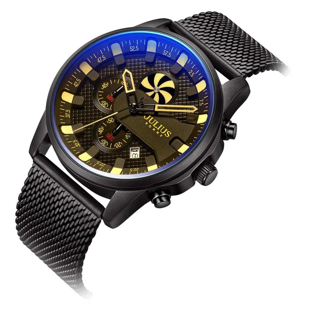 Black Mesh Strap Chronograph Watch – Luxury Blue & Gold Dial for Men