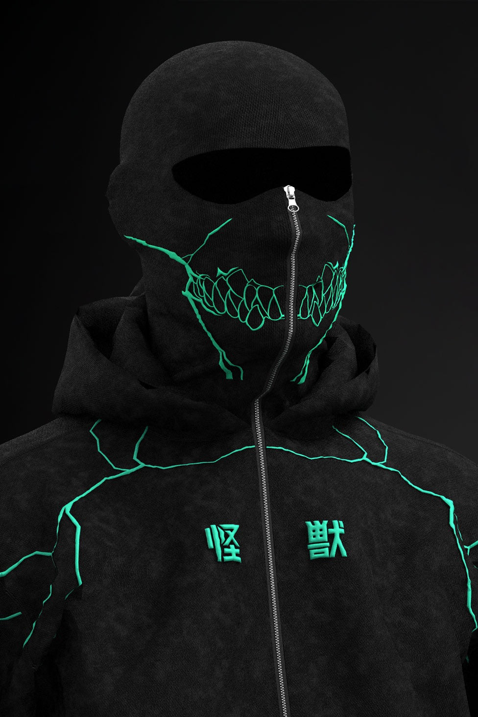 Neon Skull Zipper Balaclava Hoodie – Glow Line Techwear Mask Jacket for Men & Women