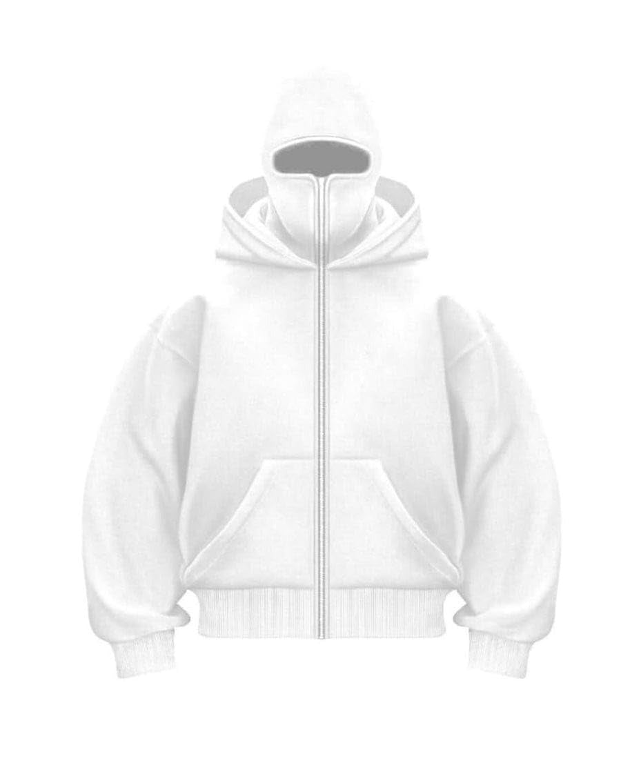 White Balaclava Full Zip-Up Hoodie – Minimal Streetwear Mask Jacket for Men & Women