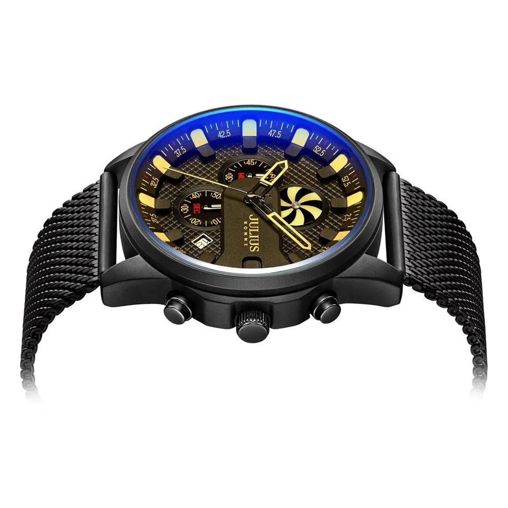 Black Mesh Strap Chronograph Watch – Luxury Blue & Gold Dial for Men