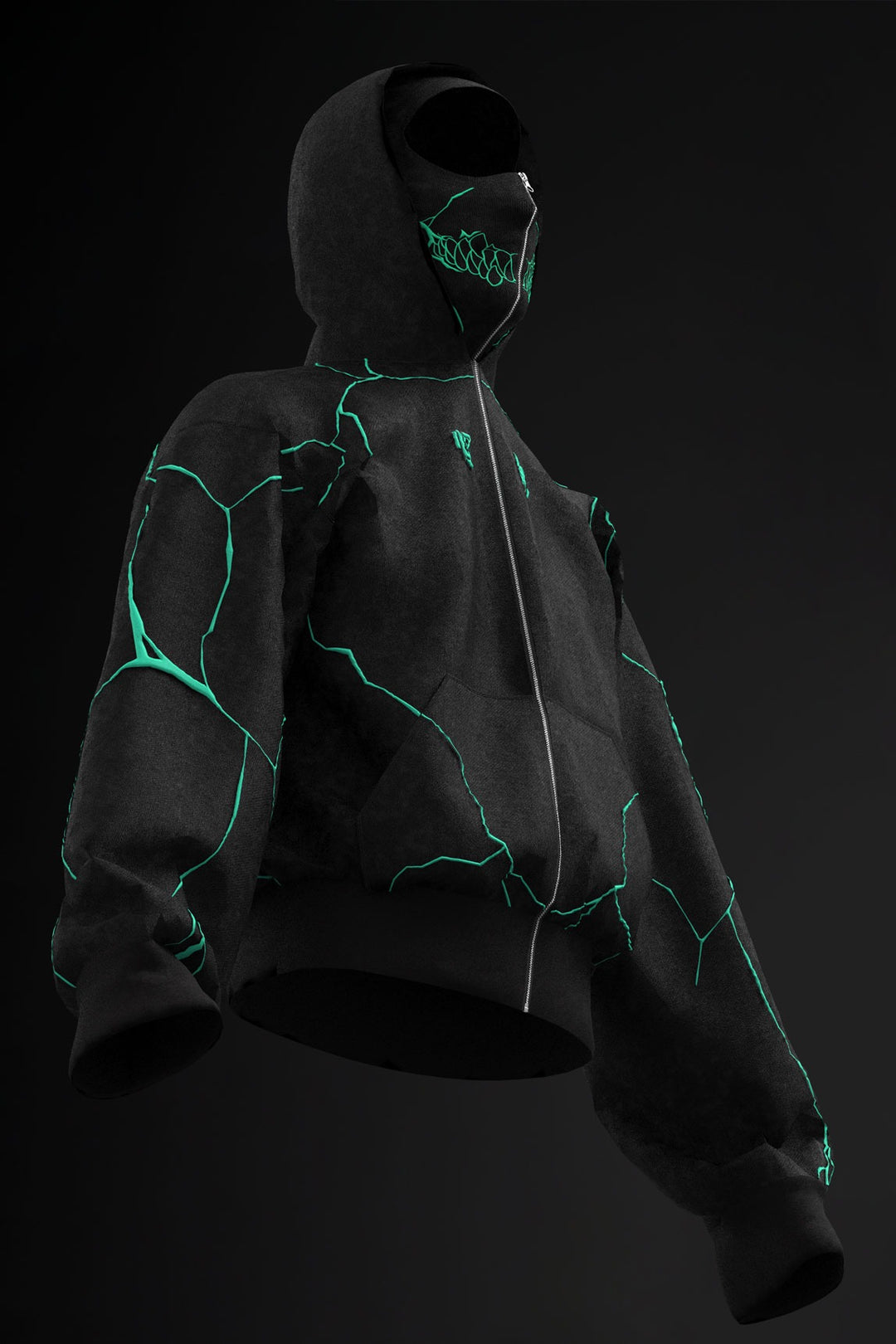 Neon Skull Zipper Balaclava Hoodie – Glow Line Techwear Mask Jacket for Men & Women